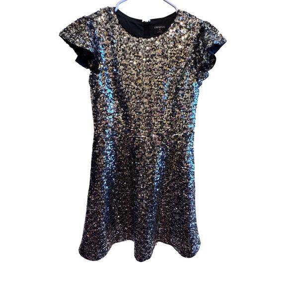 J. Crew Crewcuts Girls' Flutter Sleeve Sequin Dress Silver Black Eras Tour Sz 14 - Picture 1 of 16